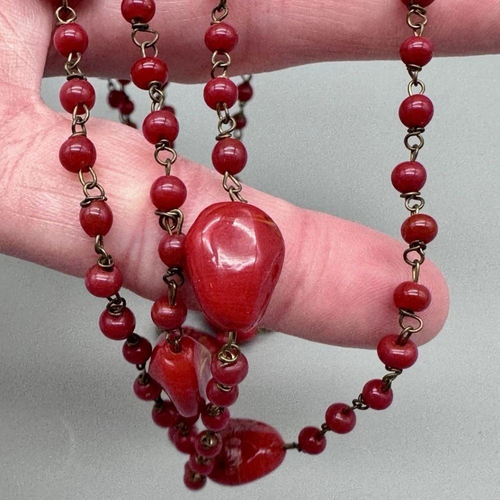 Vintage Gold Tone Red Murano? Glass Beaded Chain Necklace, 50" - Picture 4 of 5